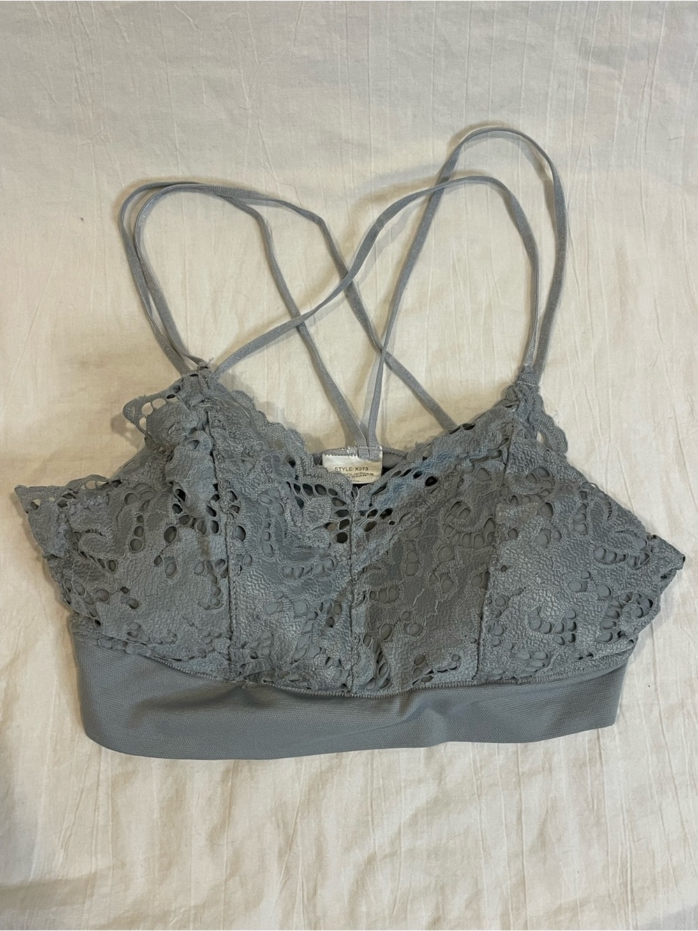 Gray Lace Strappy Bralette S/M Floral Wireless Longline Boho Coquette Bra